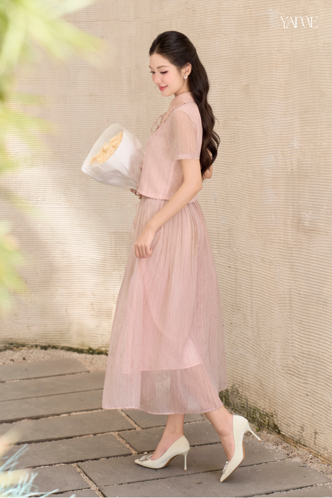 Áo Cổ Bẻ Tơ Vân Hồng Pastel YAME YA706