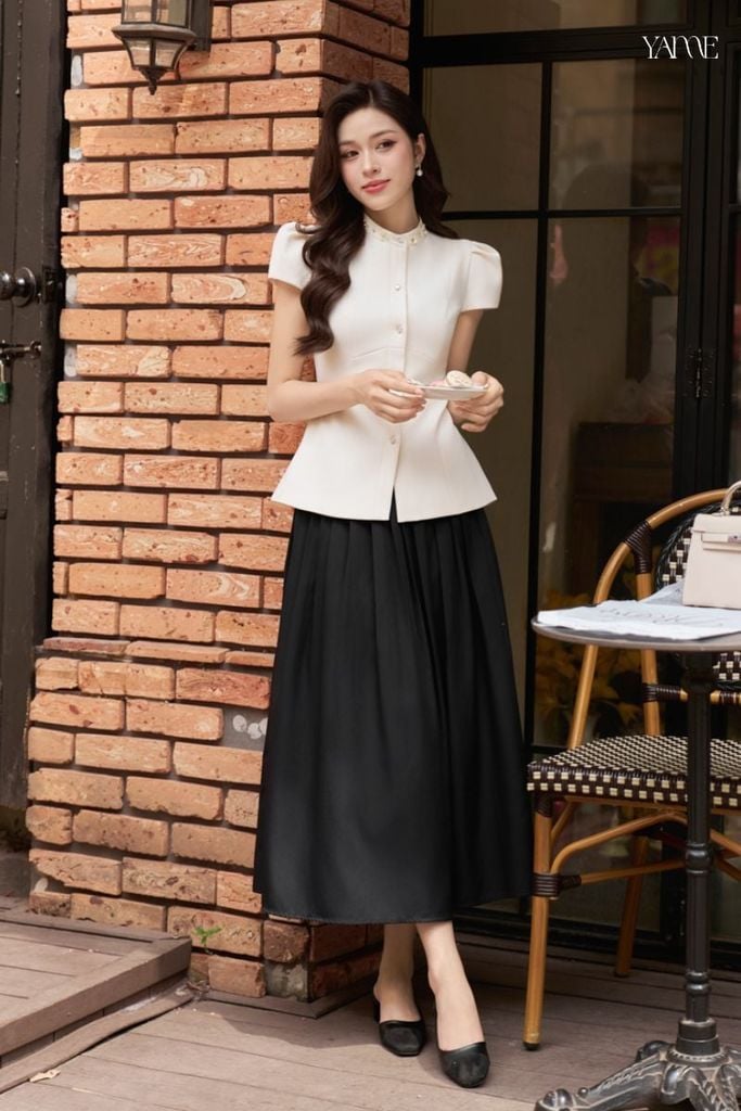 Áo Cổ Tàu Đính Đá Tay Hến Xếp Ly YAME YA925