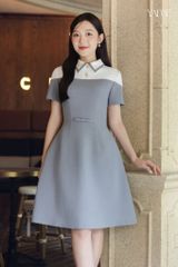 Váy Thiết Kế Dáng A Màu Ghi Ánh Xanh Cổ Vạt Nhọn YAME YV740