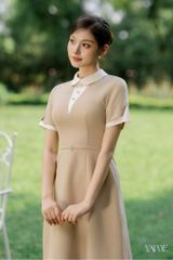 Váy Thiết Kế Dáng Ngắn Nâu Sữa Tay Gập Gấu Phối Đai Đính Đá YAME YV719