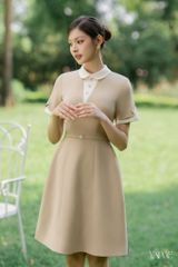 Váy Thiết Kế Dáng Ngắn Nâu Sữa Tay Gập Gấu Phối Đai Đính Đá YAME YV719
