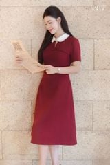 Váy Thiết Kế Dáng Dài Đỏ Rượu Phối Cổ Trắng YAME YV744