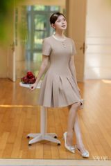 Váy Thiết Kế Dáng Xòe Nâu Be Cổ Bèo Nhún YAME YV737