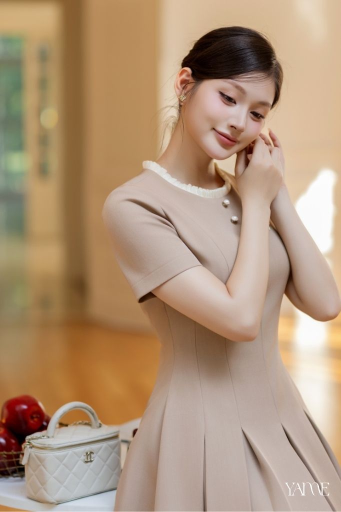 Váy Thiết Kế Dáng Xòe Nâu Be Cổ Bèo Nhún YAME YV737