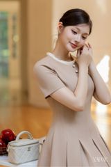 Váy Thiết Kế Dáng Xòe Nâu Be Cổ Bèo Nhún YAME YV737