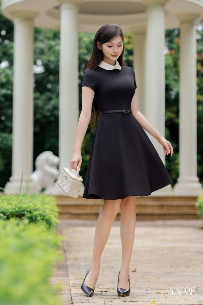 Váy Thiết Kế Cổ Sen Tay Vát Chiết Eo Dáng Xòe Ngắn Kèm Đai Bản To Sang Trọng YAME - Tessa YV716