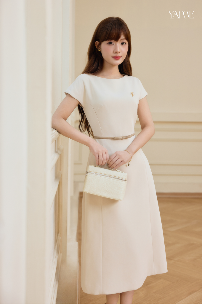 Váy Nữ Thiết Kế Dáng A Dài Tay Eo Đính Nơ YAME YV772