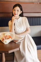 Váy Thiết Kế Màu Kem Phối Ngực Xếp Ly Trắng YAME YV746