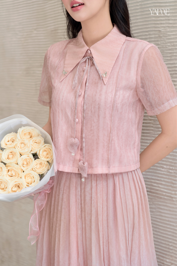 Áo Cổ Bẻ Tơ Vân Hồng Pastel YAME YA706