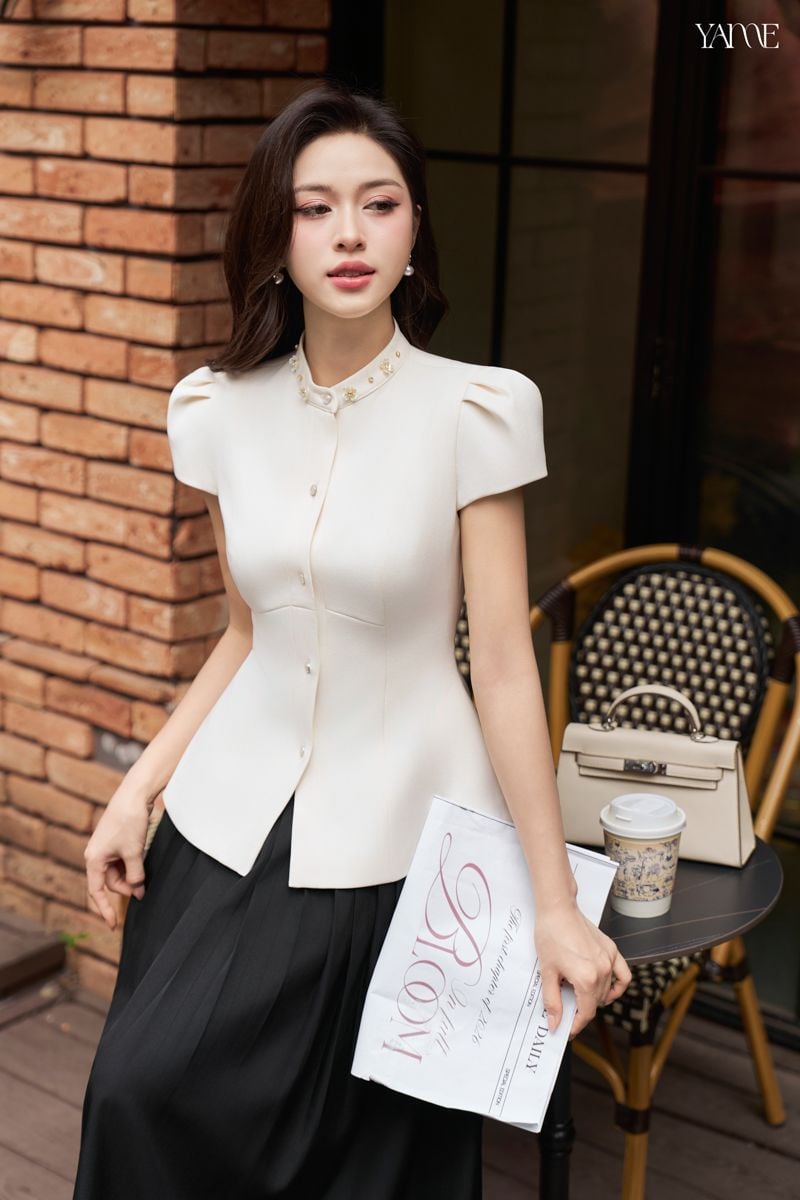 Áo Cổ Tàu Đính Đá Tay Hến Xếp Ly YAME YA925