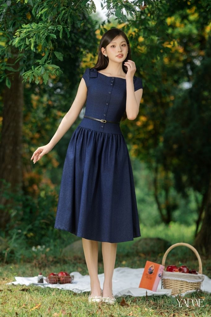 Váy Thiết Kế Dáng Dài Denim Đính Nơ Vai YAME YV371