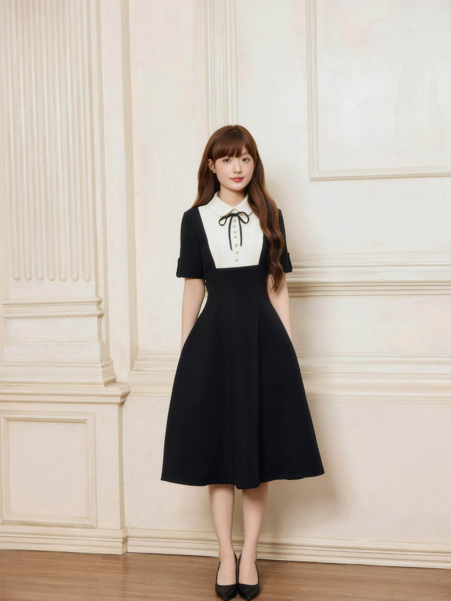 Váy Dài Cổ Sơ Mi Phối Yếm Chiết Eo Cao Dáng Bồng Xòe Màu Đen Phối Trắng Kem Thanh Lịch Công Sở YAME - Rossa YV796