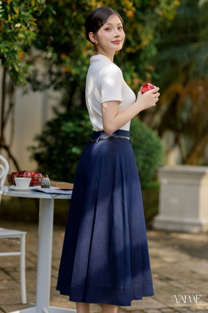 Chân Váy Denim Xanh Xếp Ly YAME YCV739