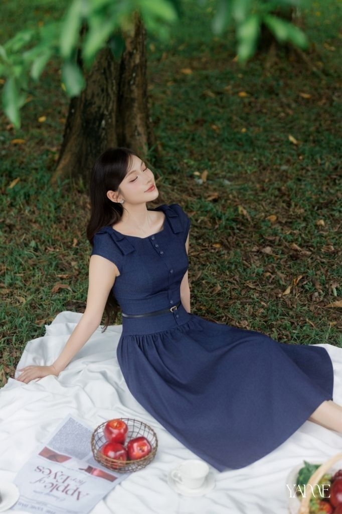 Váy Thiết Kế Dáng Dài Denim Đính Nơ Vai YAME YV371