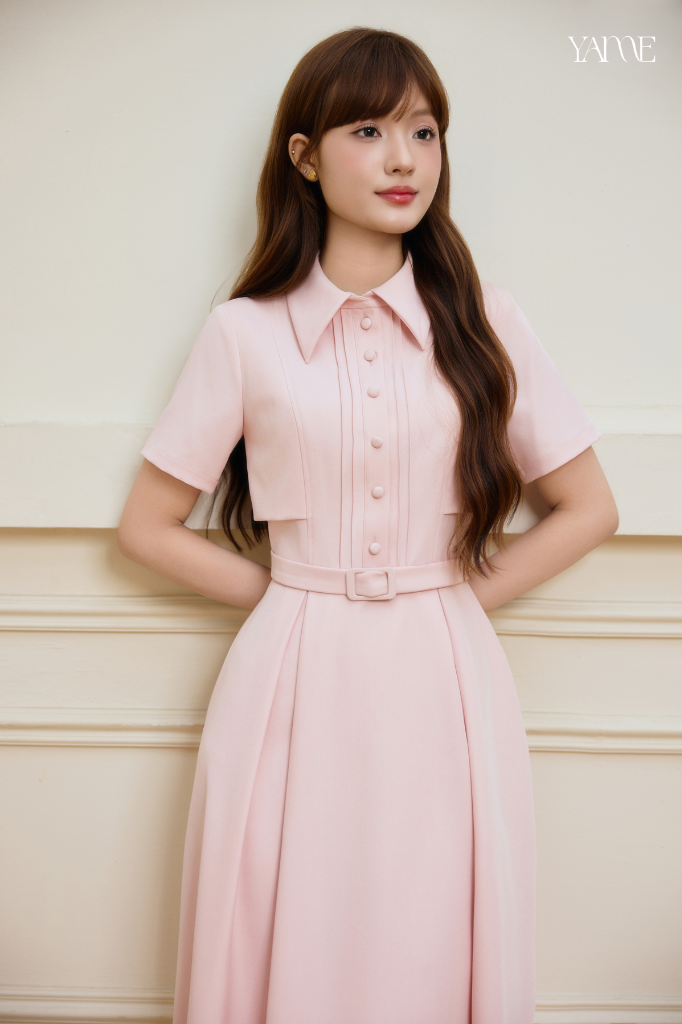 Váy Thiết Kế Màu Hồng Ngắn Tay Kèm Đai YAME YV765