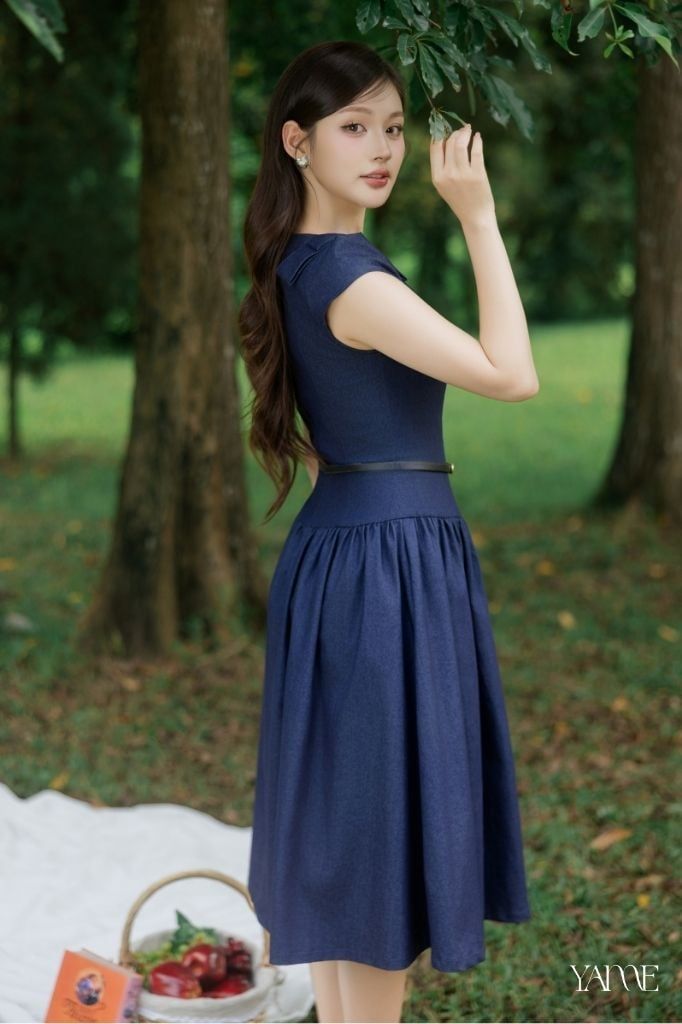 Váy Thiết Kế Dáng Dài Denim Đính Nơ Vai YAME YV371