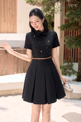 Váy Xếp Ly Cổ Sen Phối Đính Đá Kèm Đai YAME YV709