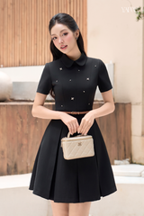 Váy Xếp Ly Cổ Sen Phối Đính Đá Kèm Đai YAME YV709