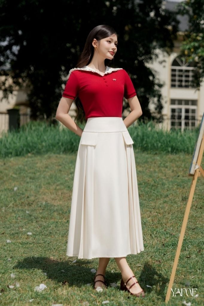 Áo Đỏ Ngắn Tay Cúc Bọc Cổ Thủy Thủ YAME YA729