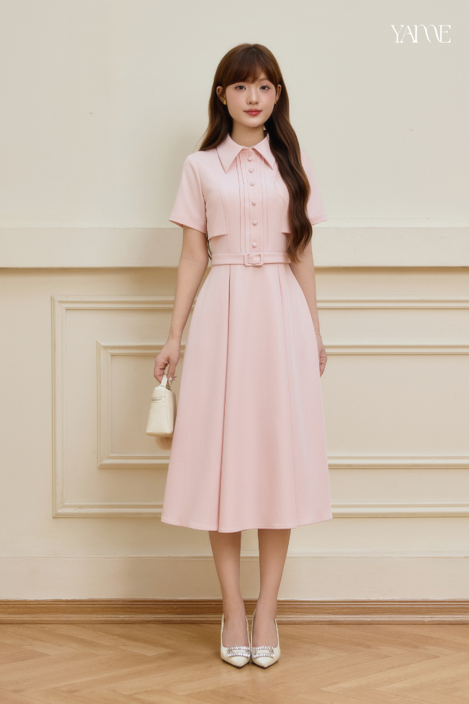 Váy Thiết Kế Màu Hồng Ngắn Tay Kèm Đai YAME YV765