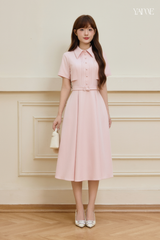 Váy Thiết Kế Màu Hồng Ngắn Tay Kèm Đai YAME YV765