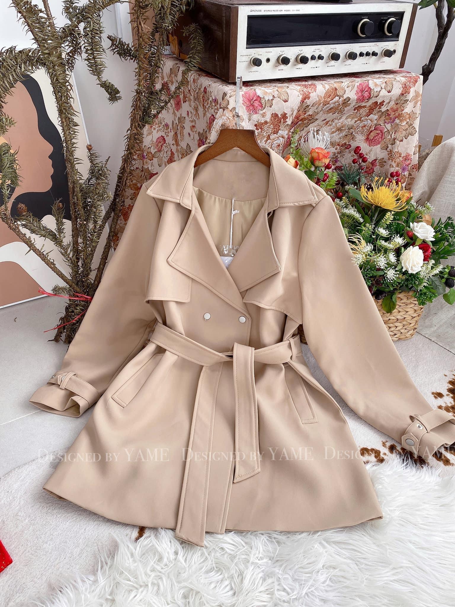 Áo khoác nữ cổ vest kèm đai túi hai bên màu nâu be, trắng xám, đen Kaki Achi YAK02 Yame Kem Jacket