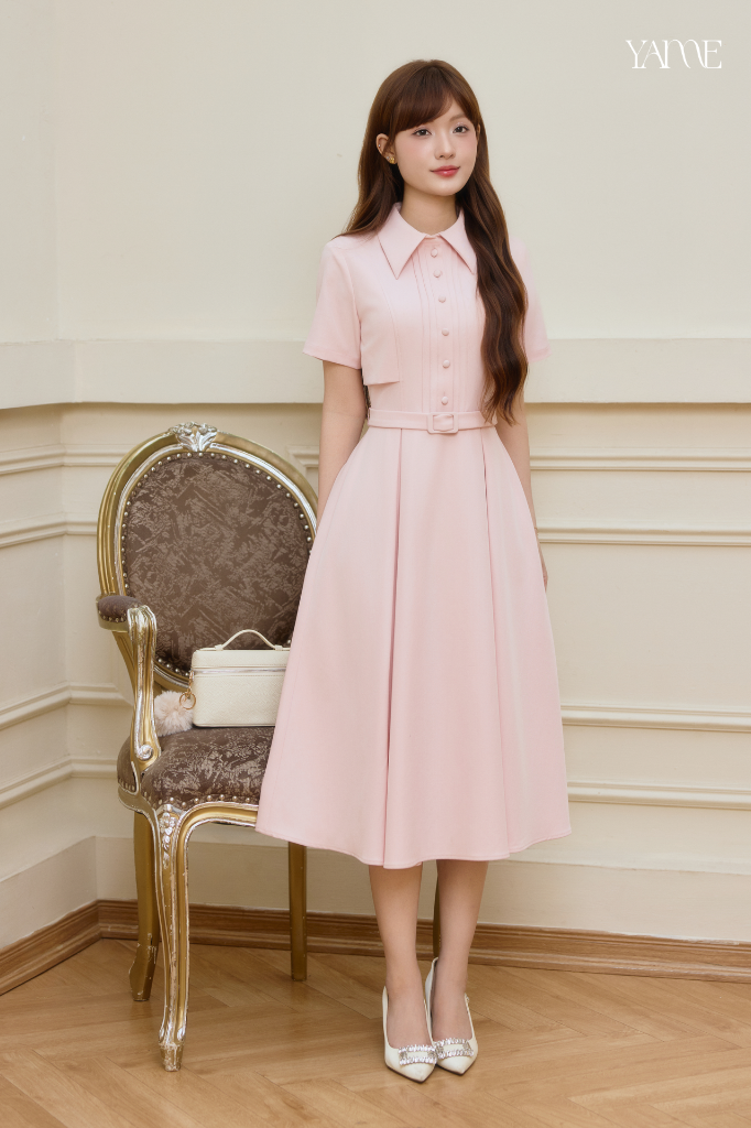 Váy Thiết Kế Màu Hồng Ngắn Tay Kèm Đai YAME YV765