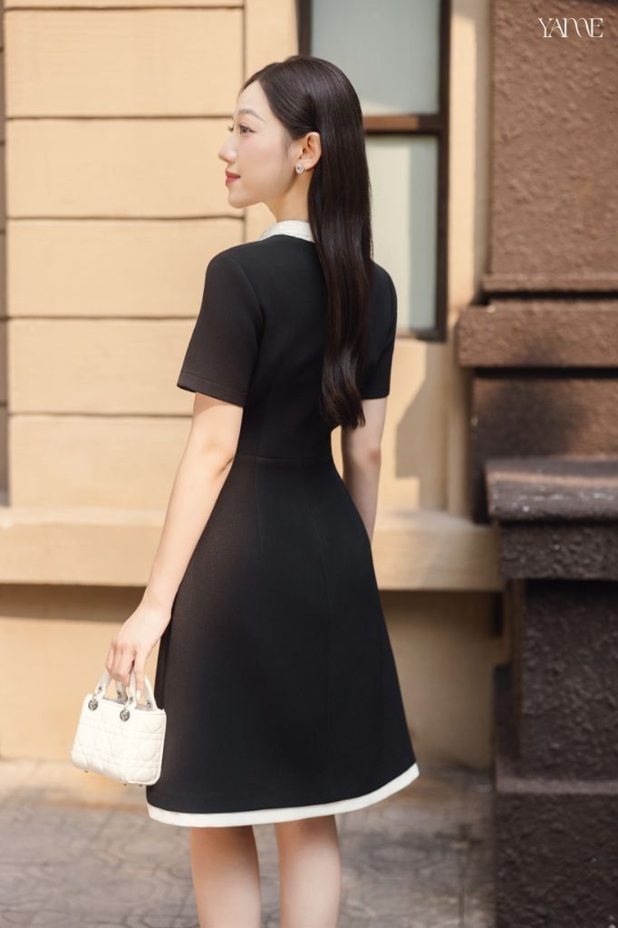 Váy Thiết Kế Dáng A Đen Phối Cổ Ren YAME YV741
