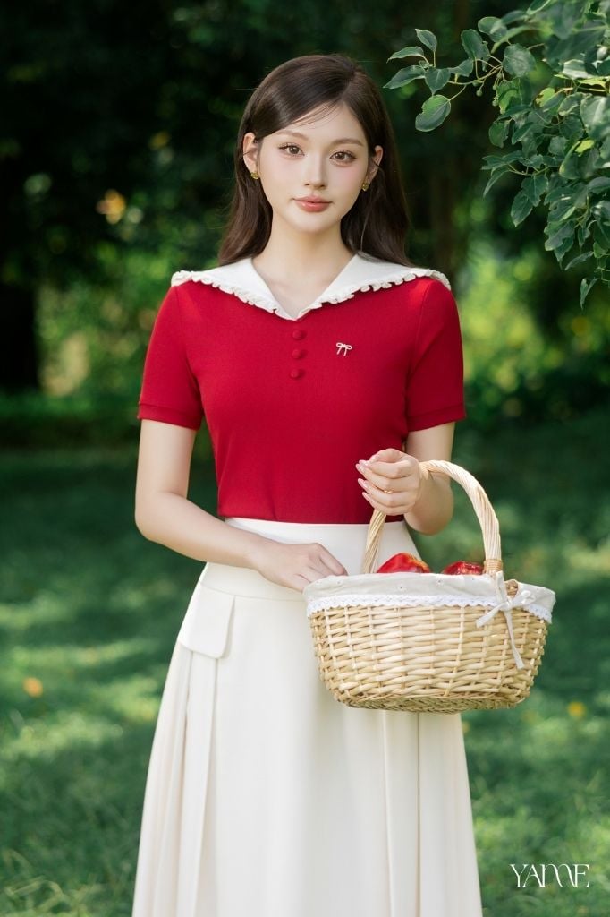 Áo Đỏ Ngắn Tay Cúc Bọc Cổ Thủy Thủ YAME YA729