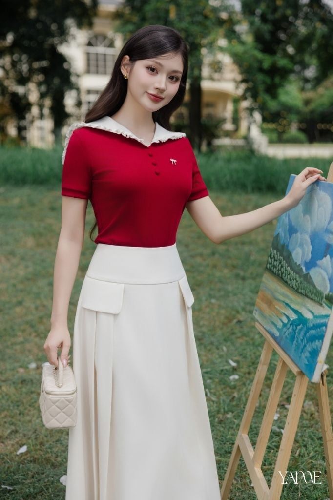 Áo Đỏ Ngắn Tay Cúc Bọc Cổ Thủy Thủ YAME YA729