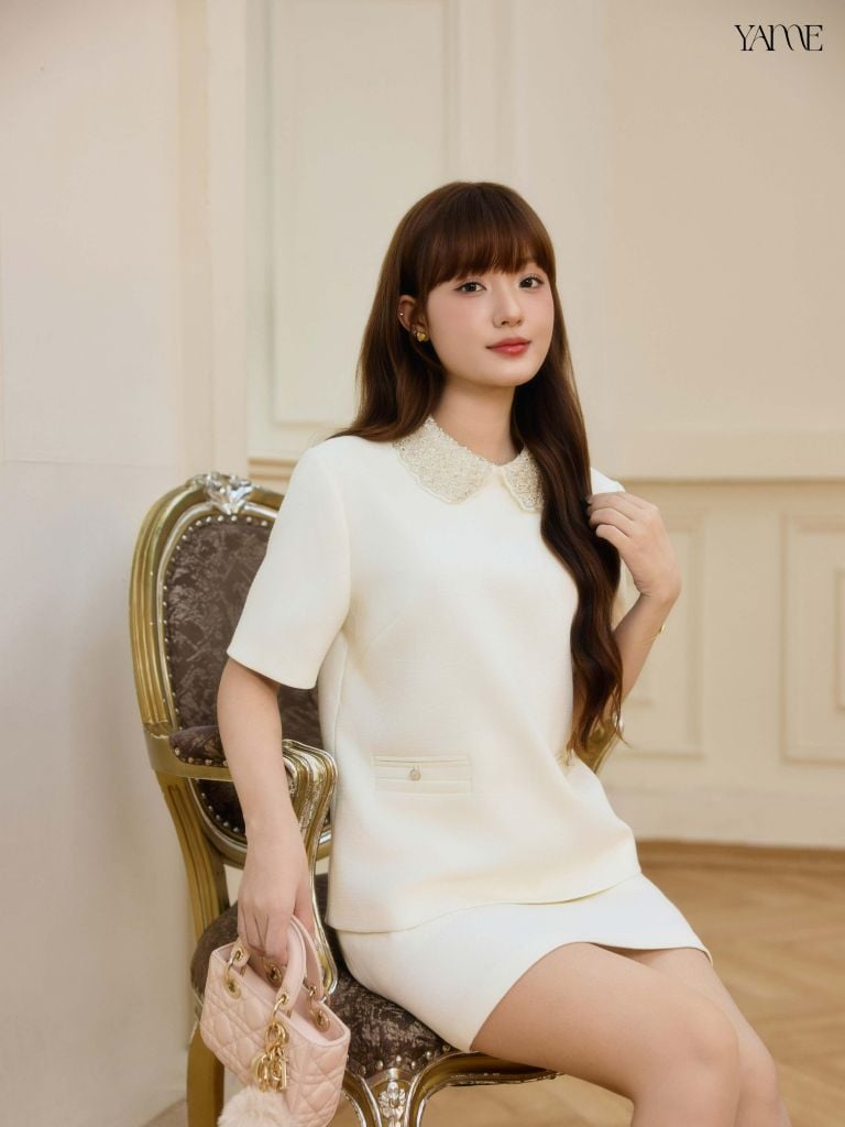 YAME - Set Váy Bộ Gồm Áo Cổ Sen Đính Cườm Cùng Chân Váy Dáng Xuông Đi Làm, Đi Tiệc Sang Trọng Éclat YS799