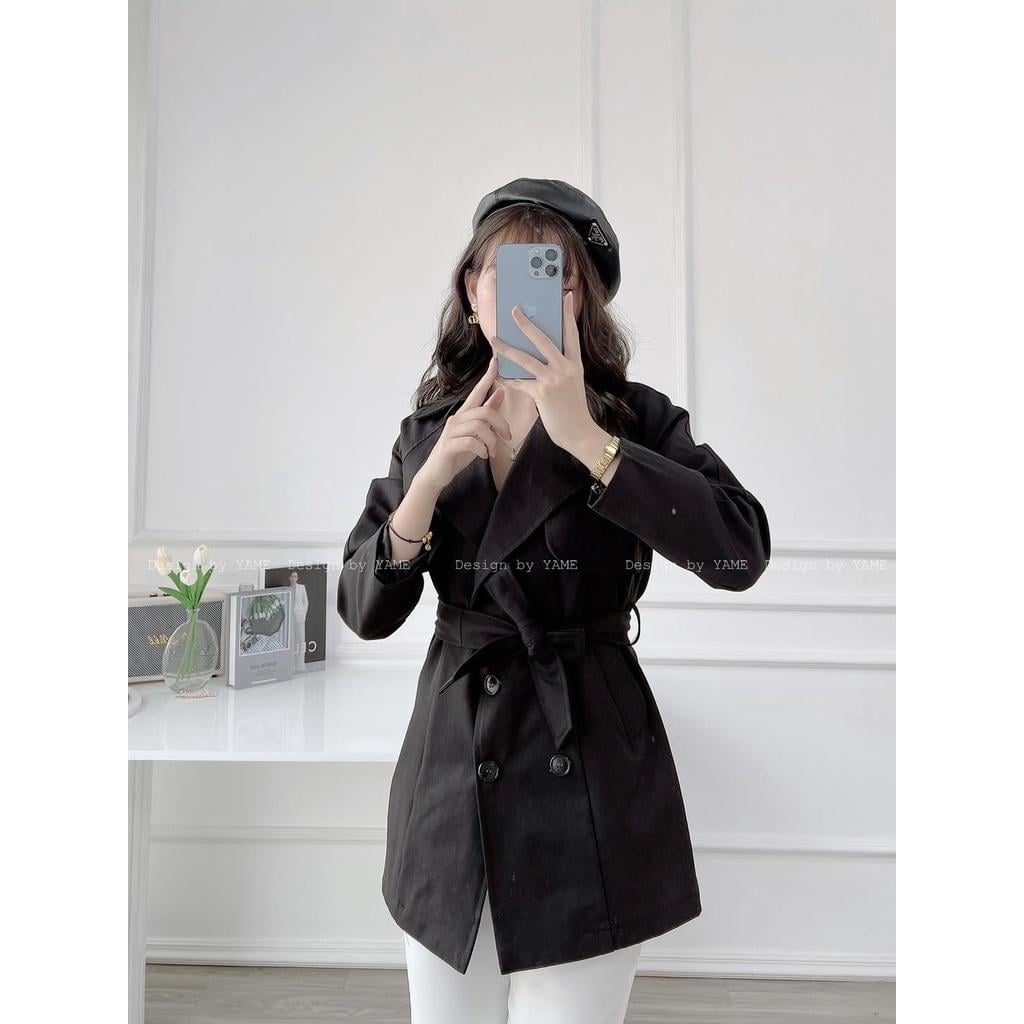 Áo khoác nữ cổ vest kèm đai túi hai bên màu nâu be, trắng xám, đen Kaki Achi YAK02 Yame Kem Jacket
