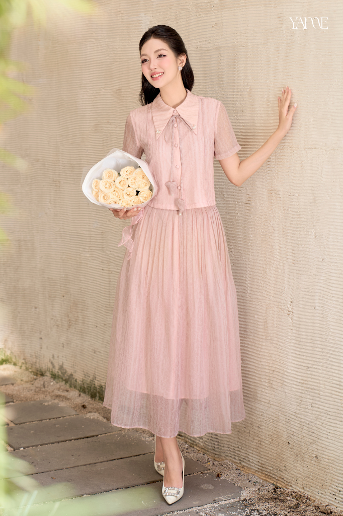 Áo Cổ Bẻ Tơ Vân Hồng Pastel YAME YA706