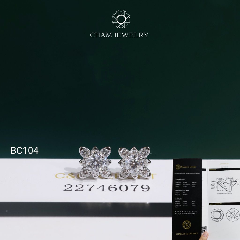 Hoa Tai BC104 CHAM JEWELRY, Đá Moissanite C&C Chủ 4.0mm (Barcode OCB52)