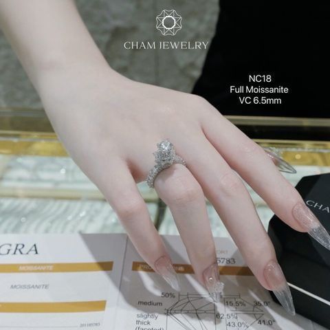 Nhẫn NC18 CHAM JEWELRY, Chủ 6.5mm Full Moissanite Cao Cấp (Barcode TVM44).