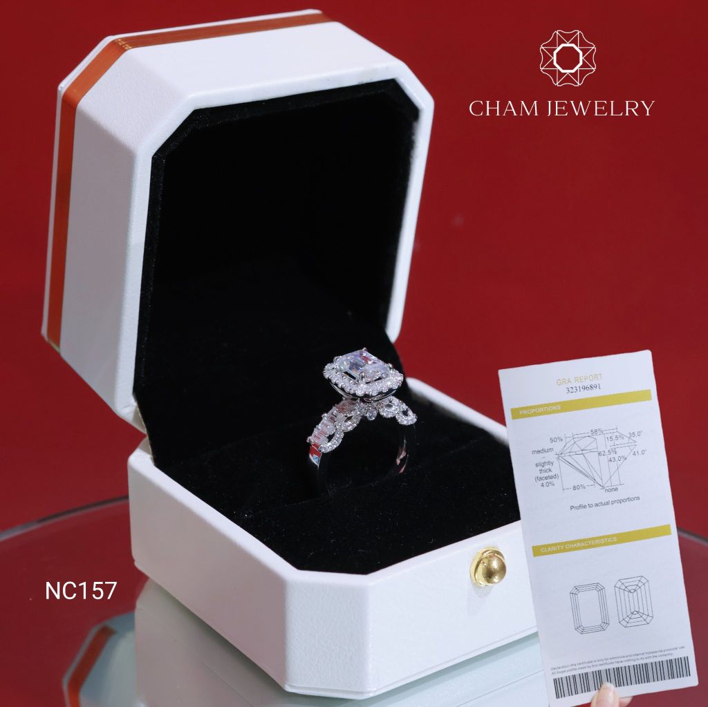 Nhẫn NC157 CHAM JEWELRY, Full Đá Moissanite, Chủ 6x8mm (Barcode OTN07).
