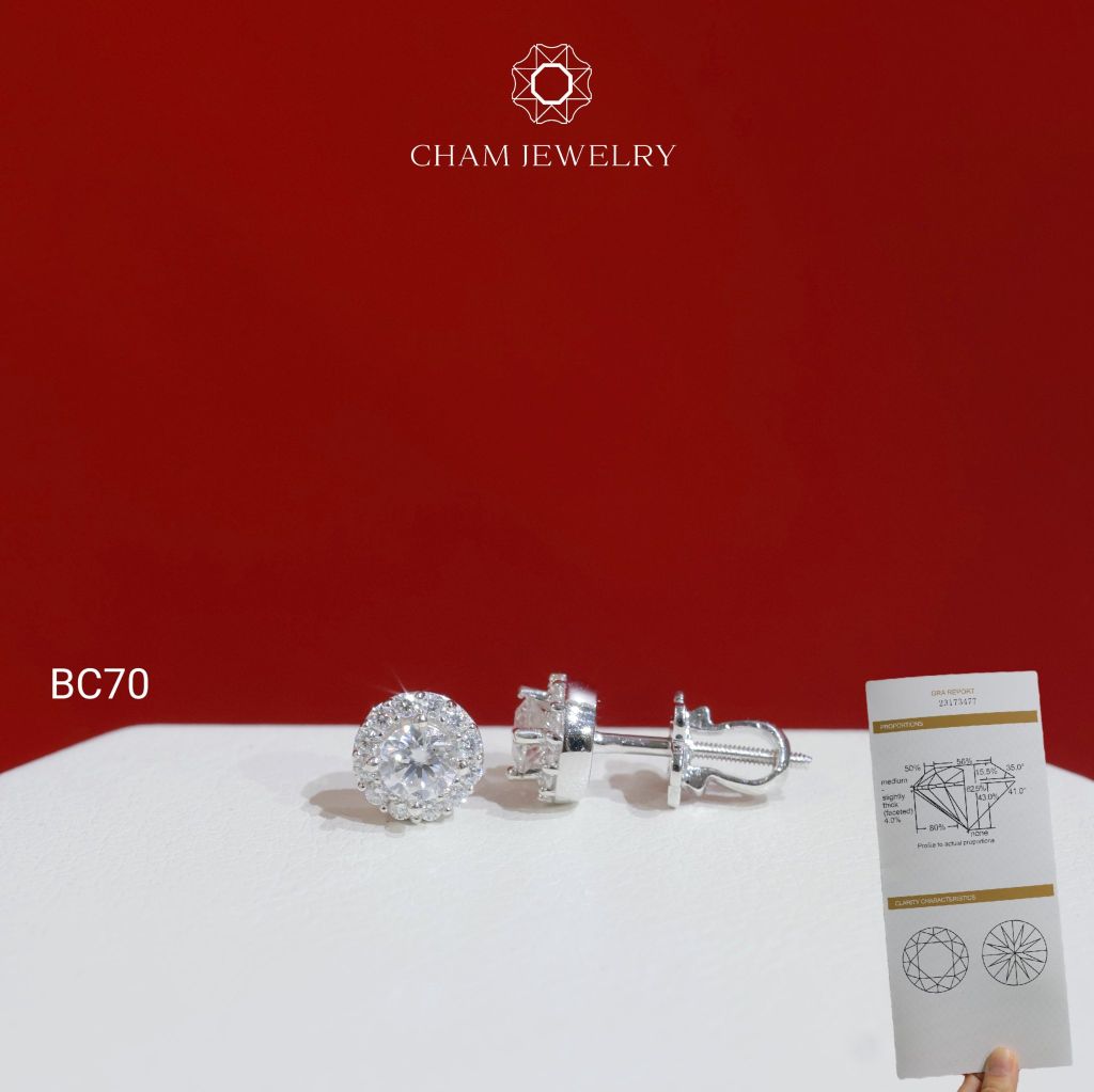 Hoa Tai CHAM JEWELRY BC70, Hoa Tai Halo Tròn Chủ Moissanite Chủ 4.0mm (Barcode TVM37)