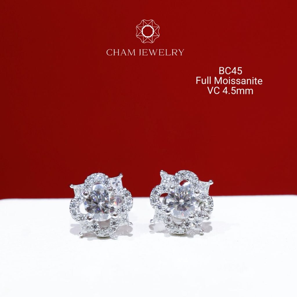Hoa Tai CHAM JEWELRY BC45, Full Moissanite Chủ 4.5mm (Barcode OB02)