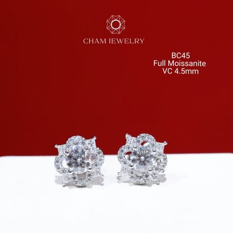 Hoa Tai CHAM JEWELRY BC45, Full Moissanite Chủ 4.5mm (Barcode OB02)