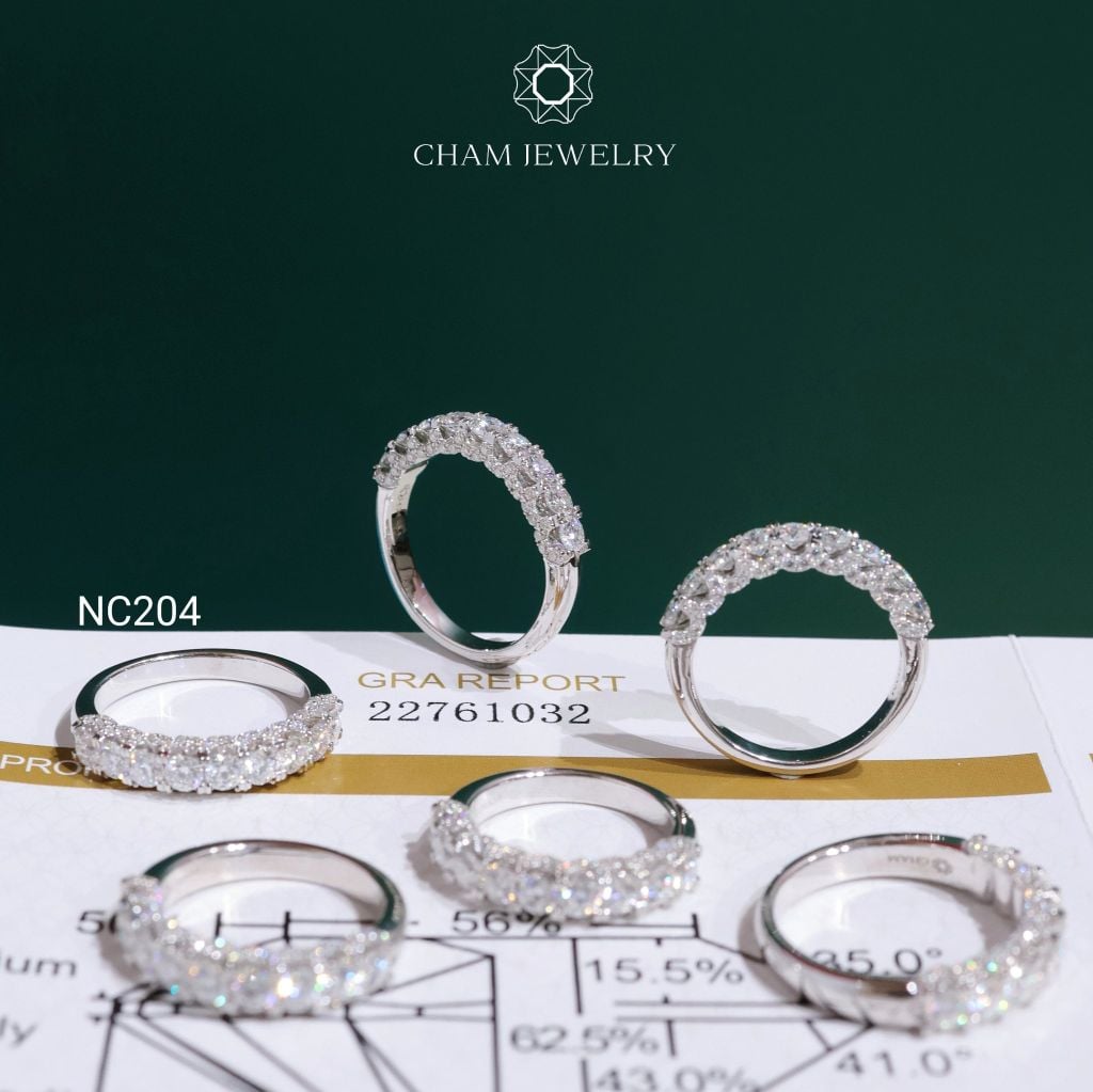 Nhẫn NC204 CHAM JEWELRY, Nhẫn Nửa Hàng Đá Full Moissanite 3.0mm (Barcode OCNN29)