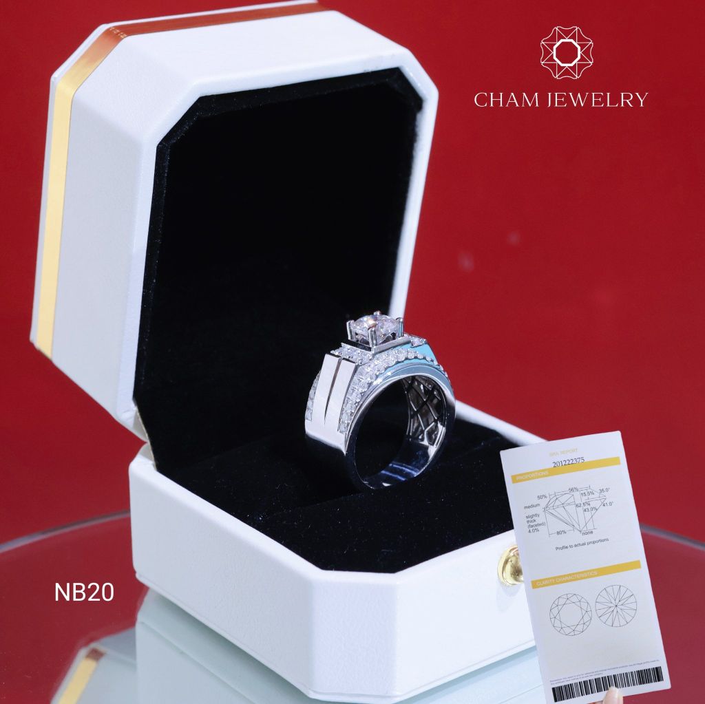 Nhẫn Nam NB20 CHAM JEWELRY, Full Moissanite Cao Cấp, Chủ 7.2mm (Barcode ONNA07)