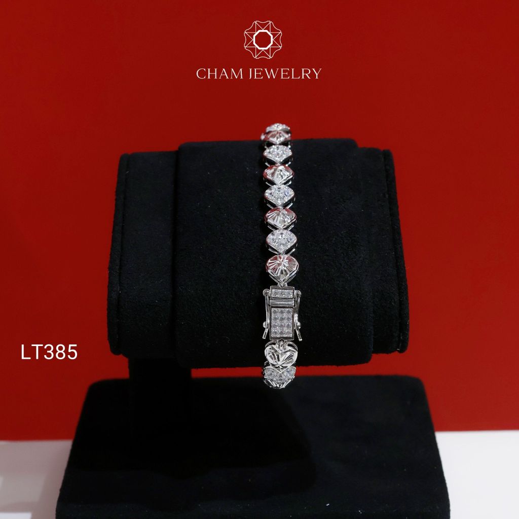 Lắc Tay LT385 CHAM JEWELRY, Lắc Tay Trái Tim Chạm Máy Xen Đá Tấm (Barcode PLH05)
