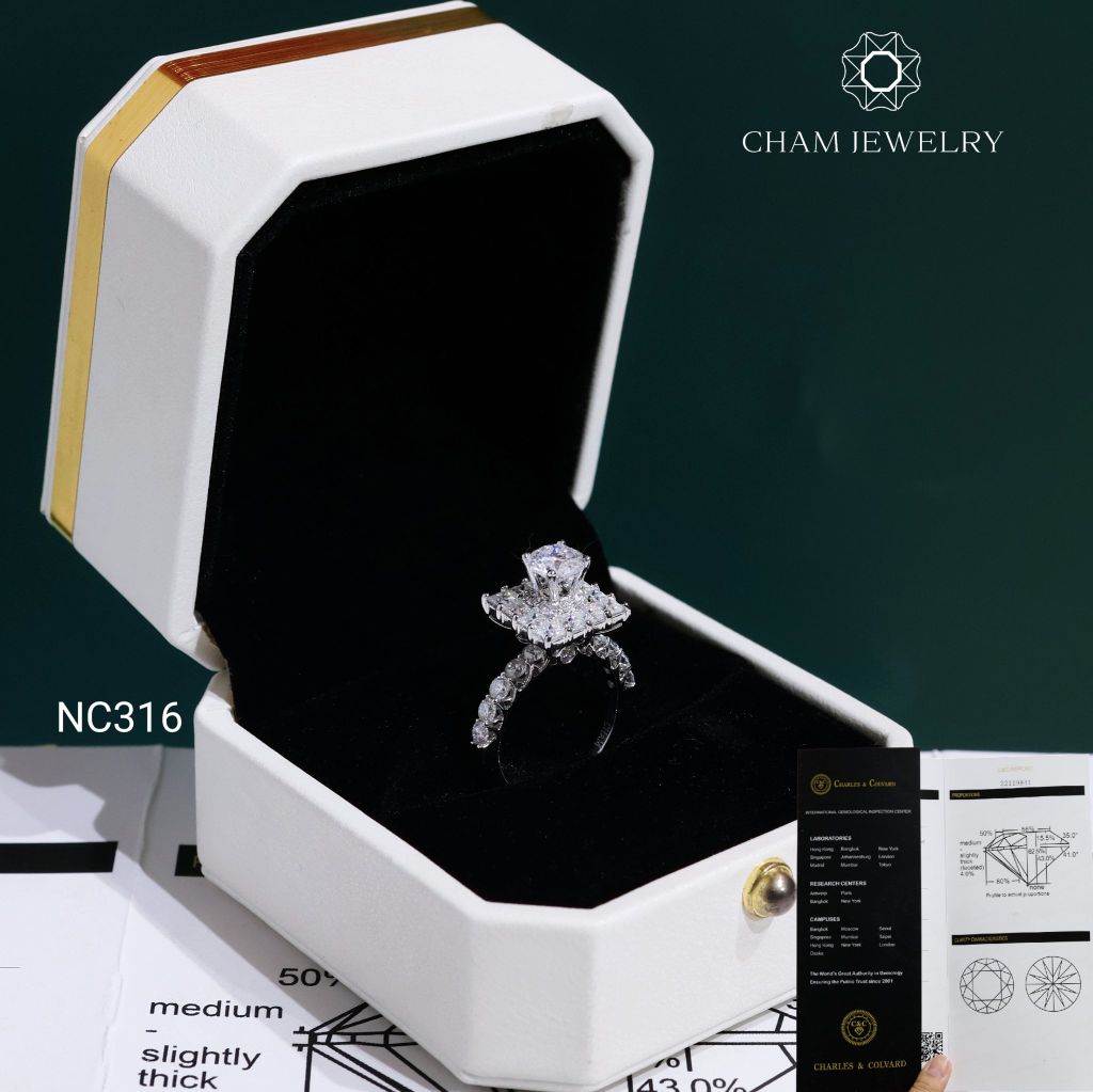 Nhẫn NC316 CHAM JEWELRY, Đá Moissanite C&C Chủ 6.0mm (Barcode OCNN159)
