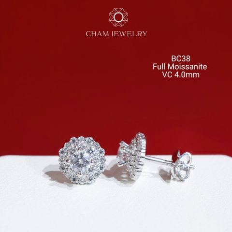 Hoa Tai CHAM JEWELRY BC38, Full Moissanite Chủ 4.0mm (Barcode OB14)