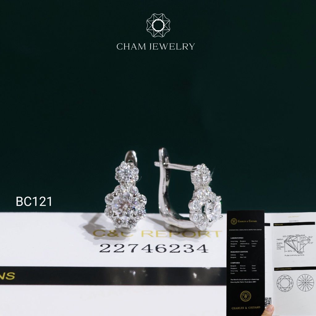 Hoa Tai BC121 CHAM JEWELRY, Hoa Tai Khóa Gài Full Moissanite C&C Chủ 4.5mm ( OCB42 )