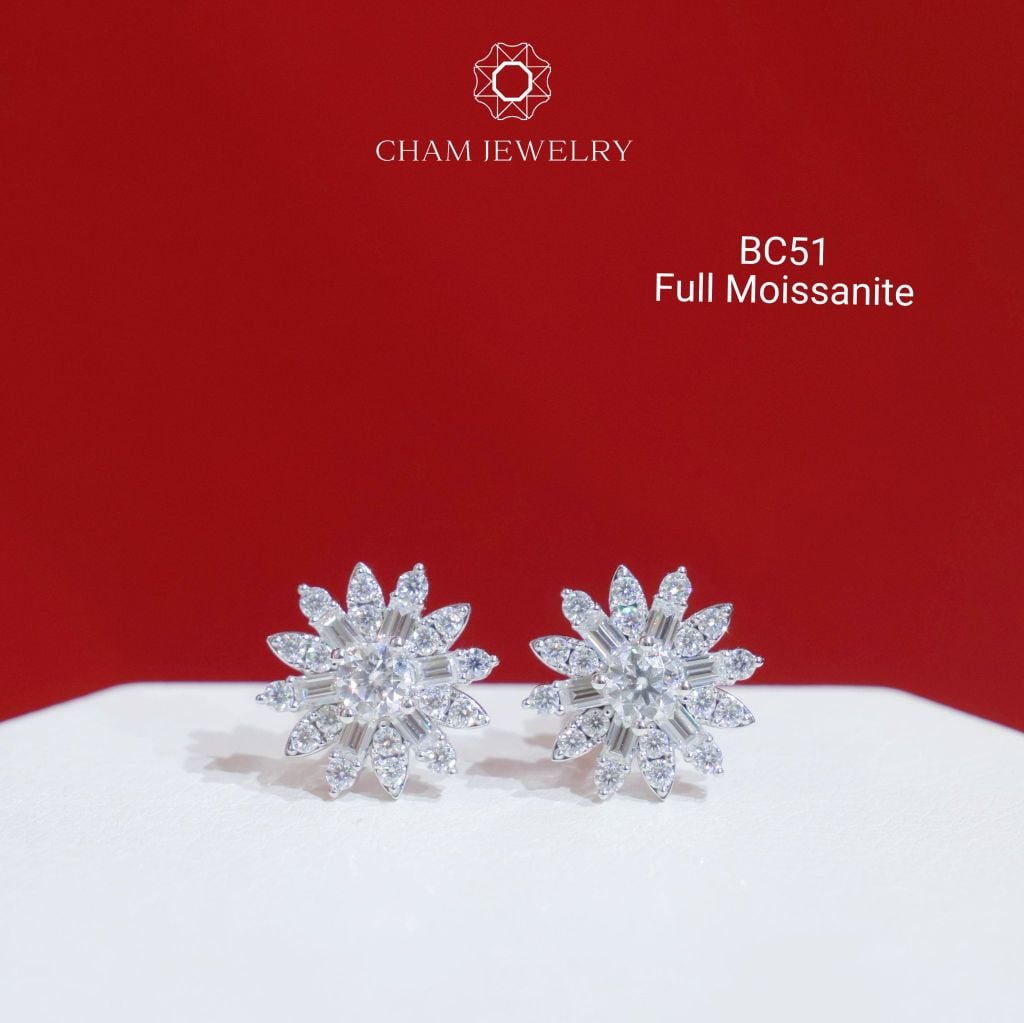 Hoa Tai CHAM JEWELRY BC51, Full Moissanite Hoa Tia, Chủ 3.5mm (Barcode OHB01)