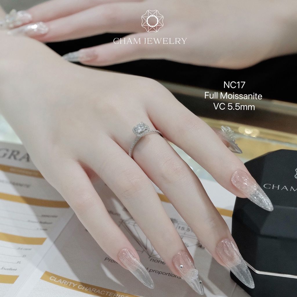 Nhẫn CHAM JEWELRY NC17, Full Moissanite Chủ 5.5mm 58 Giác USA (Barcode TVM40).
