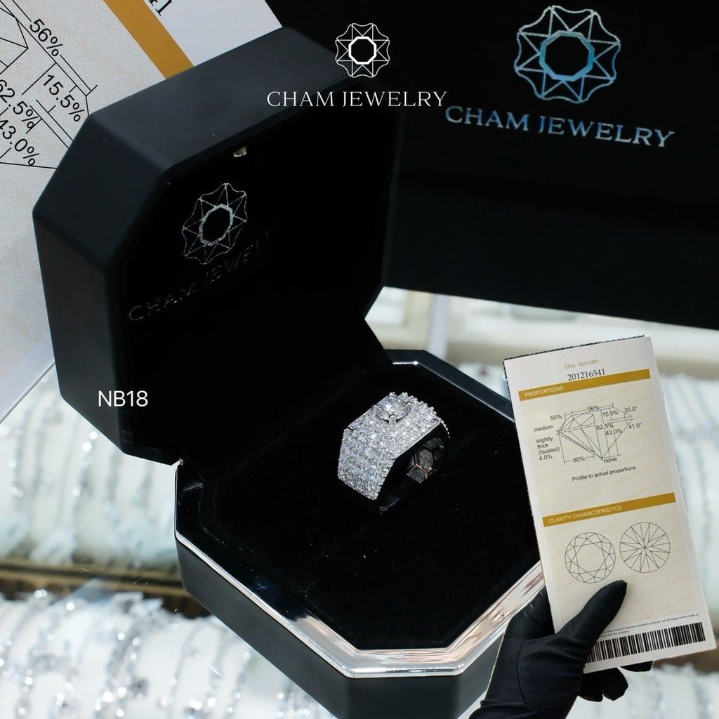 Nhẫn Nam NB18 CHAM JEWELRY, Full Moissanite Cao Cấp, Chủ 6.0mm (Barcode TVM80)