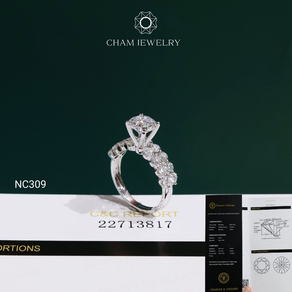 Nhẫn NC309 CHAM JEWELRY, Đá Moissanite C&C Chủ 7.2mm (Barcode OCNN117)