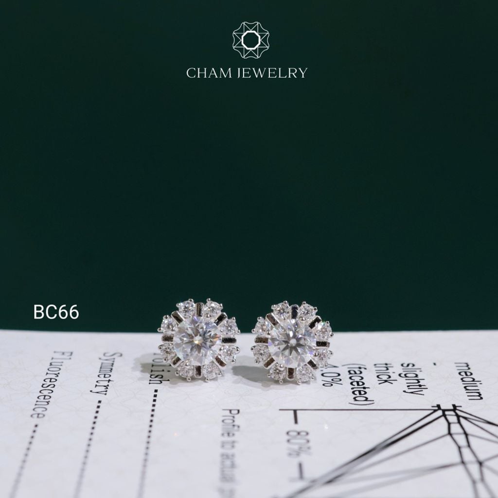 Hoa Tai CHAM JEWELRY BC66, Hoa Tai Xoàn Tia Full Moissanite Chủ 5.0mm (Barcode TVM158)